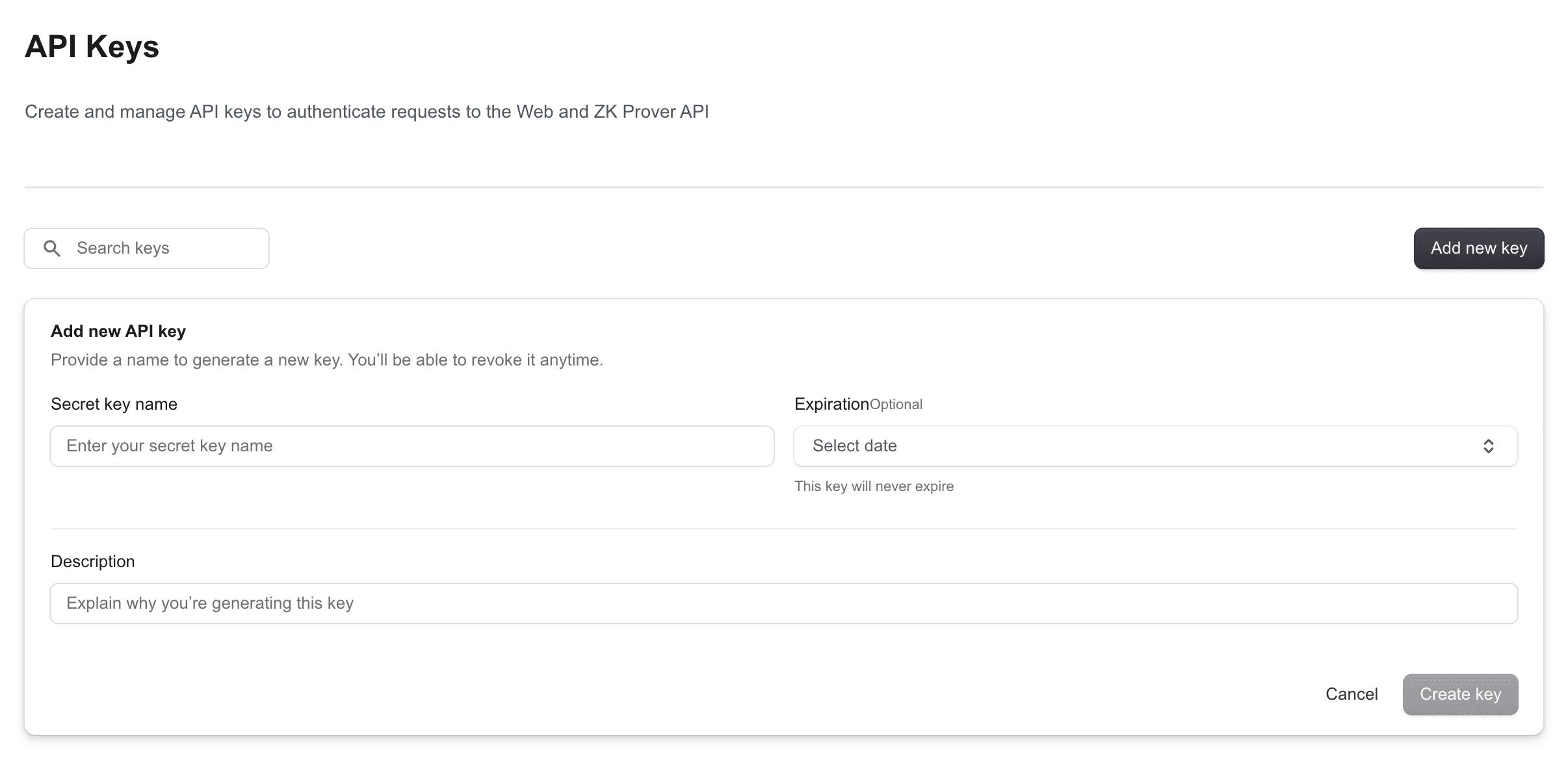 API Keys dashboard